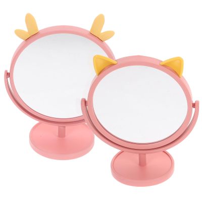 jojofuny 2pcs Cartoon Table Makeup Mirror with Rotatable Stand, Small Vanity Mirrors in Pink Cat Ear and Deer Horn Styles, Portable for Dormitory and Household Use