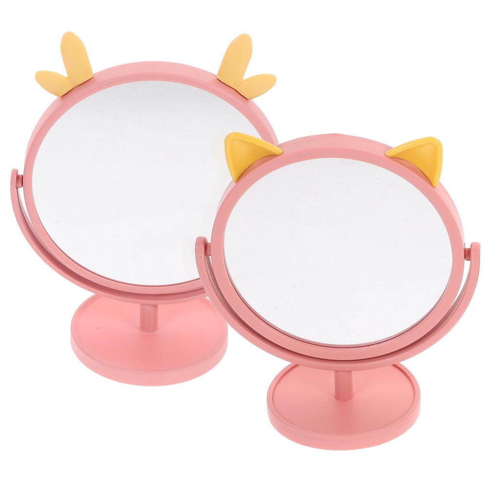 jojofuny 2pcs Cartoon Table Makeup Mirror with Rotatable Stand, Small Vanity Mirrors in Pink Cat Ear and Deer Horn Styles, Portable for Dormitory and Household Use