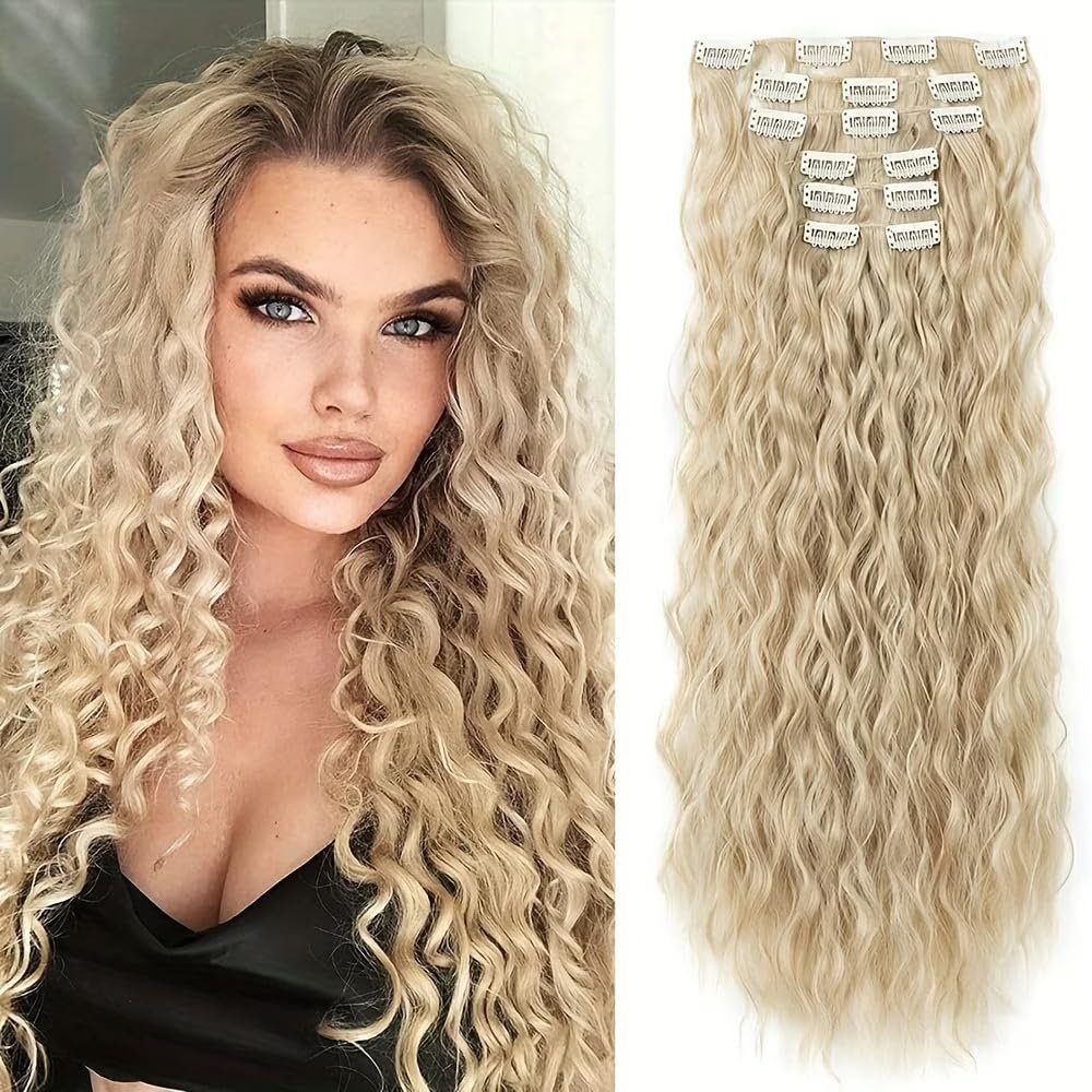 Golden clip style hair extensions 24 inches synthetic hair 7 pieces 1 full head thick natural wave appearance for women's hair
