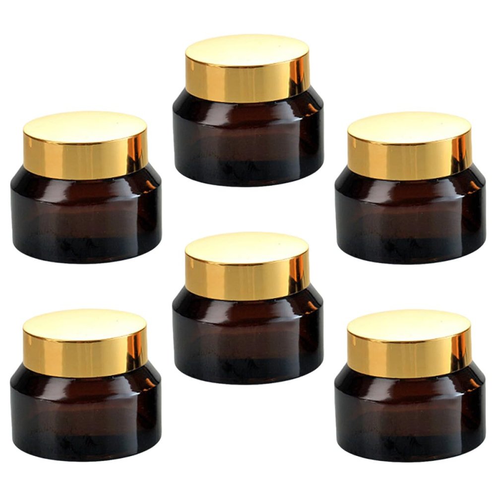 LRXIYODE 6pcs Travel Cream Jar Set 50ml Small Amber Glass Jars with Gold Lids Refillable Cosmetic Containers for Facial Lotion Skincare Storage
