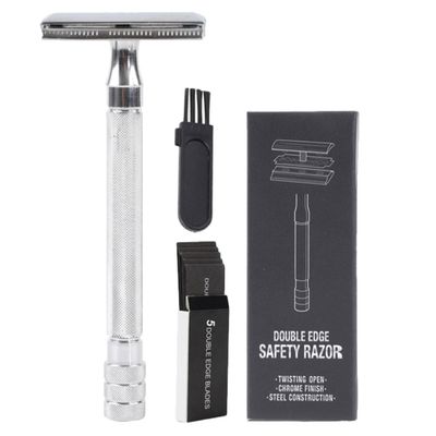 VILLFUL Manual Double-edge Safety Razor Set with Metal Handle and Brush, Vintage Style Manual Shaver for Mens Beard Grooming, Includes Replacement Blades for Face and Body Hair