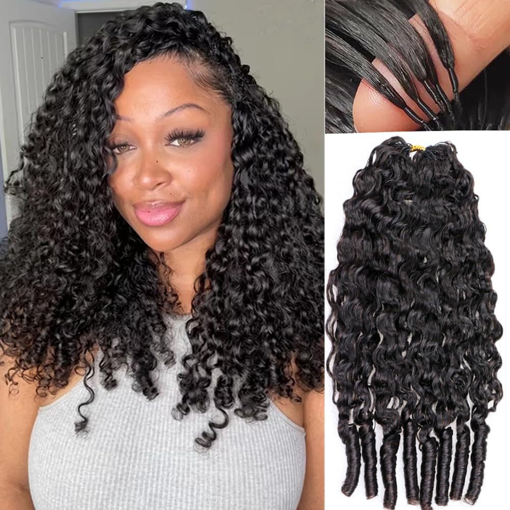 Burmese Curly Crochet Human Hair Pre-Separated Invisble Micro Loop Human Crochet Hair Extensions Seamless and Knotless Feather Crochet Human Hair 18" NC 100 Strands(4 Pack 240g)