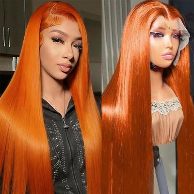 ZWJSH 34 Inch Ginger Lace Front Wig Human Hair 13X6 HD Transparent Lace Front Wig Colored Straight Lace Front Wig Orange Wig Human Hair 200% Density Pre Plucked Natural Hairline