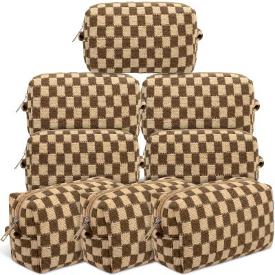Gilprop 8 Pcs Checkered Makeup Bag Small Cosmetic Pouch Bulk,Brown