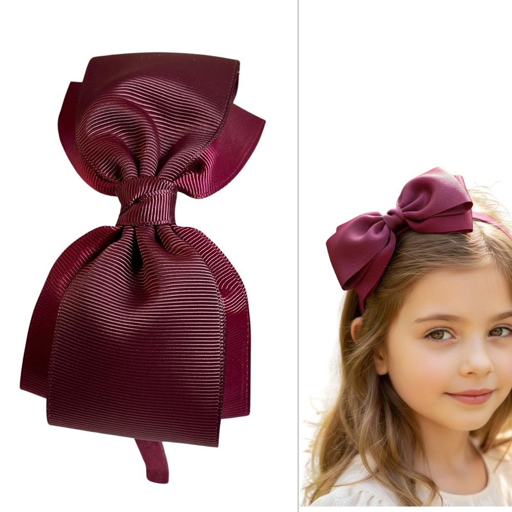 ClassExceed Burgundy Bow Headband for Girls 4-12 Burgundy Headband with Bow for School Uniform & Back to School Handmade Grosgrain Ribbon Side Bow for Christmas & Picture Day