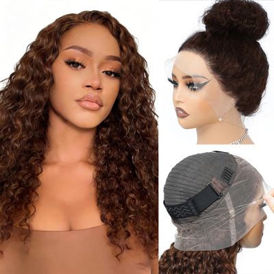 360 Deep Wave Lace Front Drawstring Wigs Human Hair For Women 14" Brown