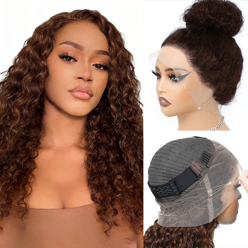 360 Deep Wave Lace Front Drawstring Wigs Human Hair For Women 14" Brown