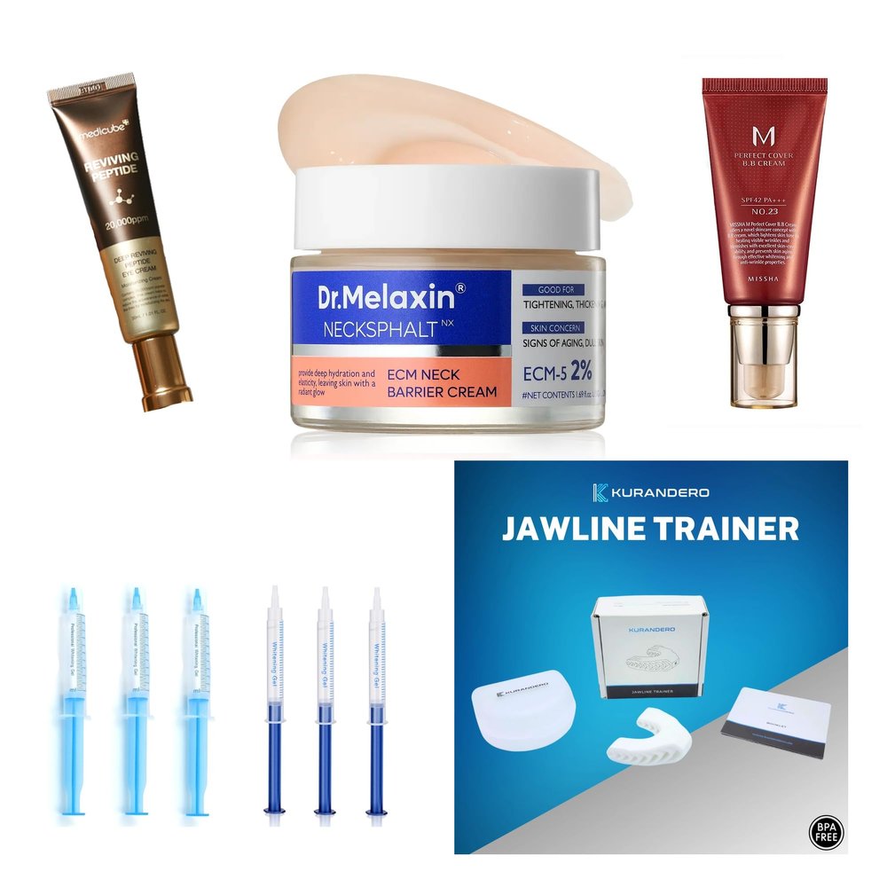 Looksmaxxing 5-in-1 Men's Glow Up Kit- Neck firming Cream and Jawline Trainer, Eye Serum Wrinkle Remover, Tooth Whitening Pen, and Dude Make Up/Cover Up- Complete Confidence & Skin Upgrade System