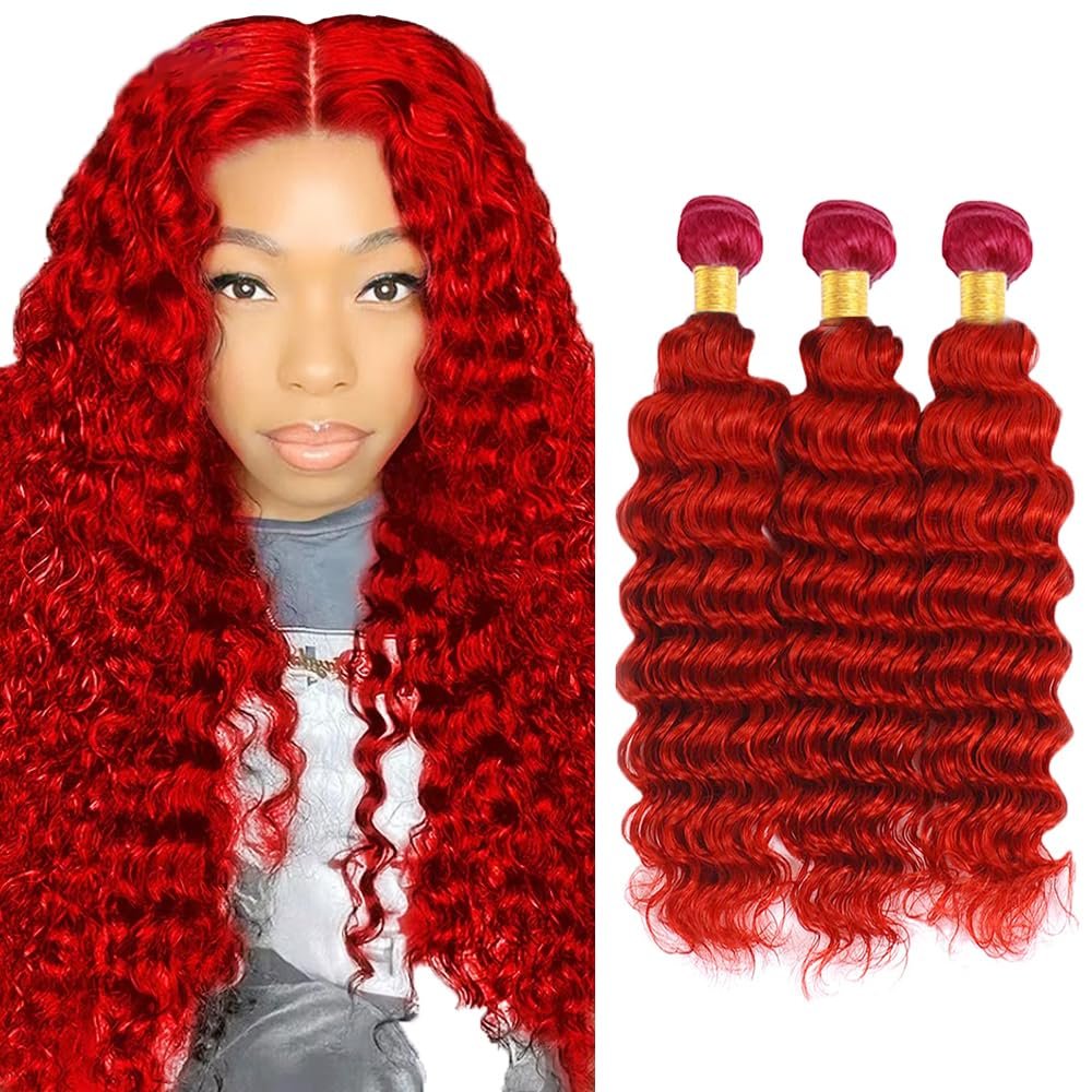 Red Bundles Deep Wave Bundles Human Hair 20 20 20 Inch Unprocessed Brazilian Virgin Hair Weave 3 Bundle Red Deep Wave Human Hair Extensions 50 Grams Per Bundle For Woman