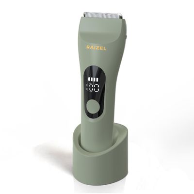 RAIZEL Electric Body Hair Trimmer for Men and Women, Waterproof Groin and Bikini Trimmer, Wet/Dry Cordless Shaver with USB Standing Charge Dock (Khaki)