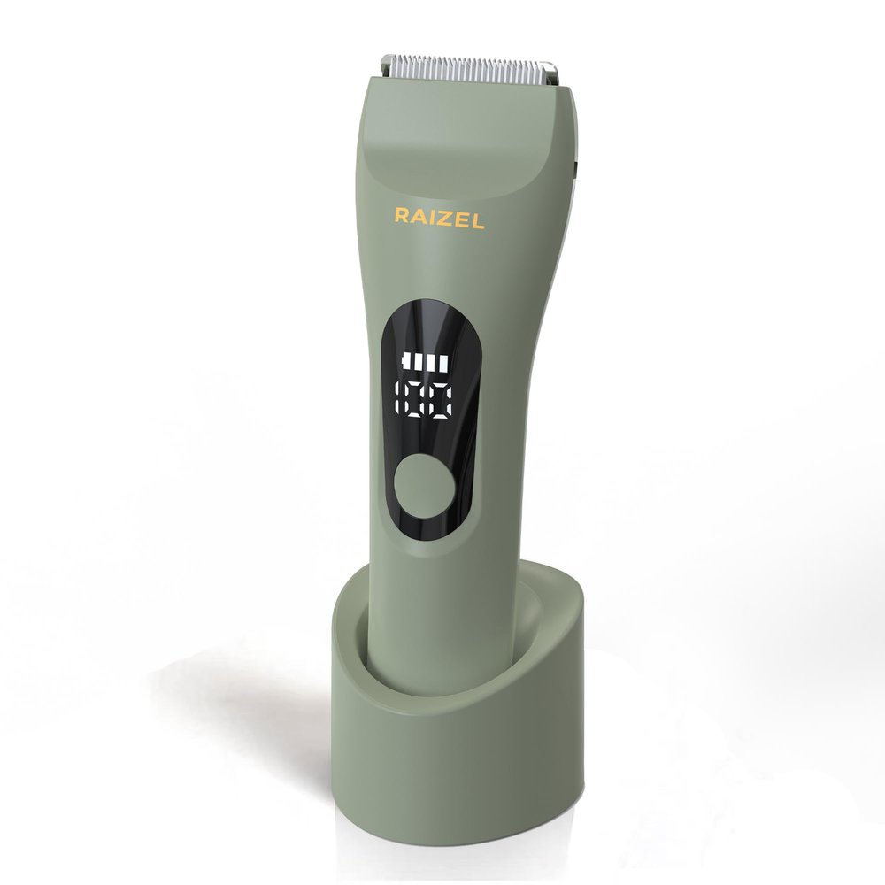 RAIZEL Electric Body Hair Trimmer for Men and Women, Waterproof Groin and Bikini Trimmer, Wet/Dry Cordless Shaver with USB Standing Charge Dock (Khaki)