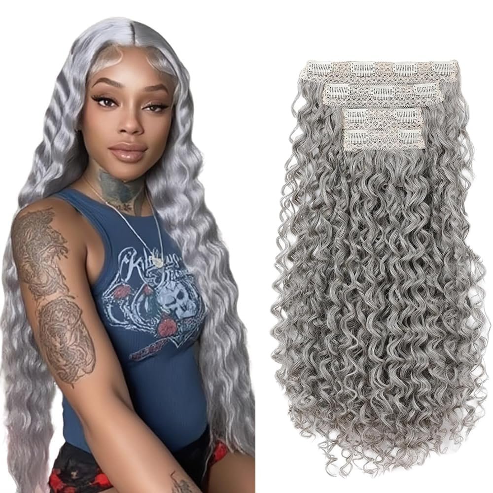 Gray Deep Wave Clip in Hair Extensions - 26 Inch Real Remy Soft Silver Human Hair, 120g 7pcs,Silver Gray Human Hair Extensions Clip ins for Women