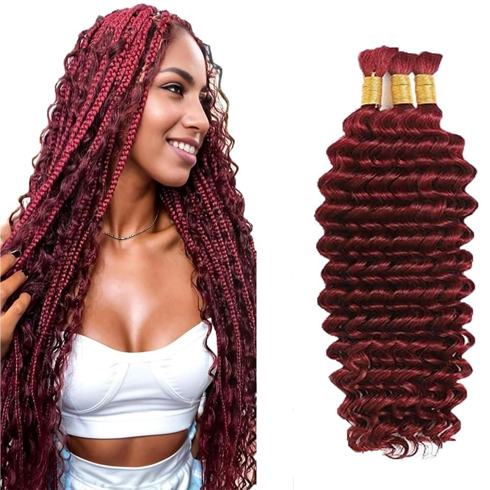 #99J Burgundy Braiding Human Hair for Boho Braiding Human hair 3 Bundles 26 26 26 Inch Burgundy Deep Wave Boho Hair for Bulk Braids Human Hair Extensions 50 Gram Per Bundle