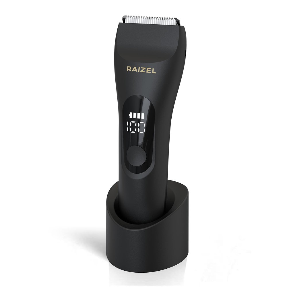 RAIZEL Electric Body Hair Trimmer for Men and Women, Waterproof Groin and Bikini Trimmer, Wet/Dry Cordless Shaver with USB Standing Charge Dock (Black)