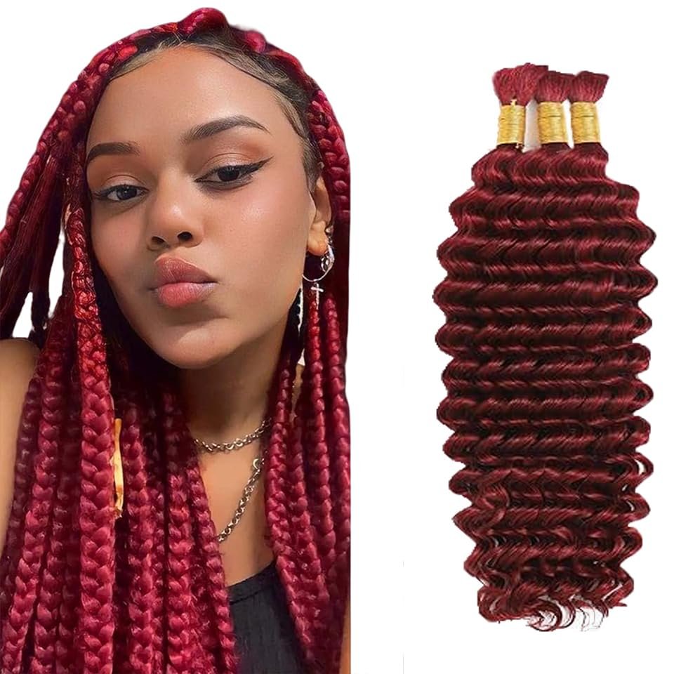 #99J Human Braiding Hair for Boho Braids 12 12 12 Inch #99J Burgundy Deep Wave Bulk Human Hair Wine Red Knotless Boho Braiding Curly Virgin Hair Extensions 150g