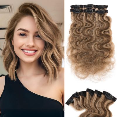 Clip in Short Hair Extensions Real Human Hair,Prokyvity Short Hair Extensions Clip ins,Wavy Mini Hairpieces for Volume & Highlights,Seamless Design,6 Pieces 31g 10 inch Medium Brown Mixed Dark Blonde