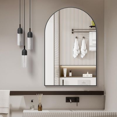 24x32 Inch Black Metal Framed Arched Bathrrom Mirror for Wall