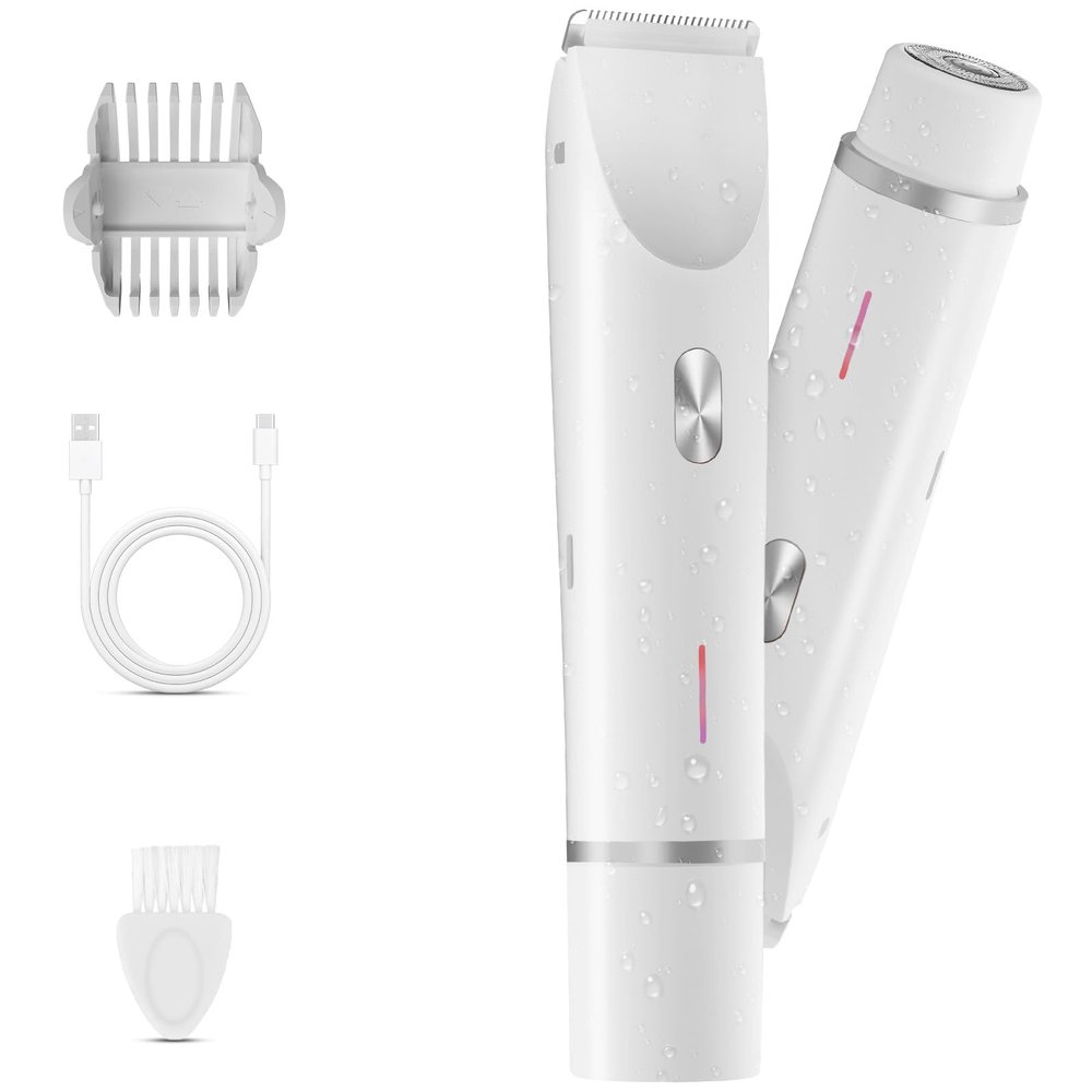 Bikini Trimmer for Women, 2 in 1 Electric Razor & Bikini Shaver for Womens IPX7 Waterproof Body Hair Trimmer and Facial Hair Remover,White