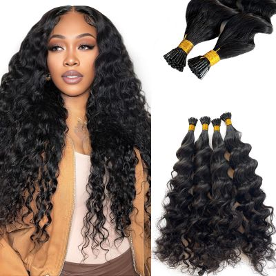 Deep Wave I Tip Hair Extensions Human Hair 16 Inch #1B Natural Black 50G
