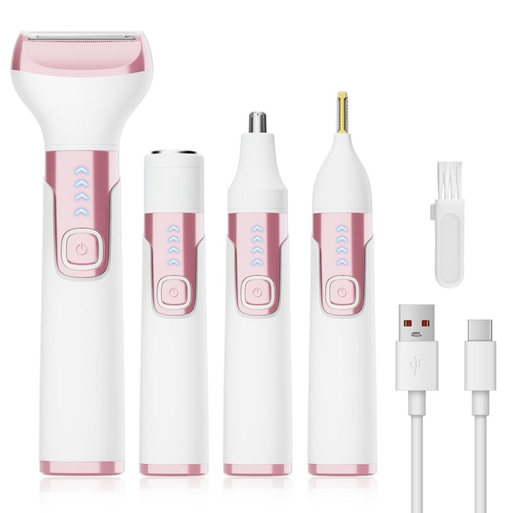 4-in-1 Electric Shaver for Women Portable Cordless Body Shaver Rechargeable Waterproof 3D Floating Head Low-Noise Painless Hair Removal Wet/Dry Use for Ladies Pubic, Legs, Face, Underarms