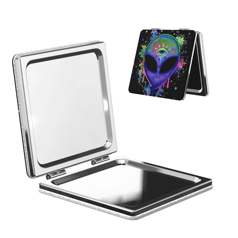 Retelly Psychedelic Trippy Acid Splatter Alien The Third Eye Portable Pocket Makeup Mirror - Dual Normal & Magnifying, Pu Leather Square