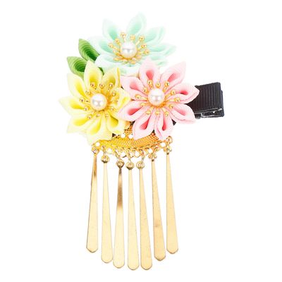 ABOOFAN Japanese Style Tassel Flower Barrette Hair Clip for Wedding Bridal and Kimono Hairstyle, Pink Yellow Green Decorative Traditional Hairpin for Women