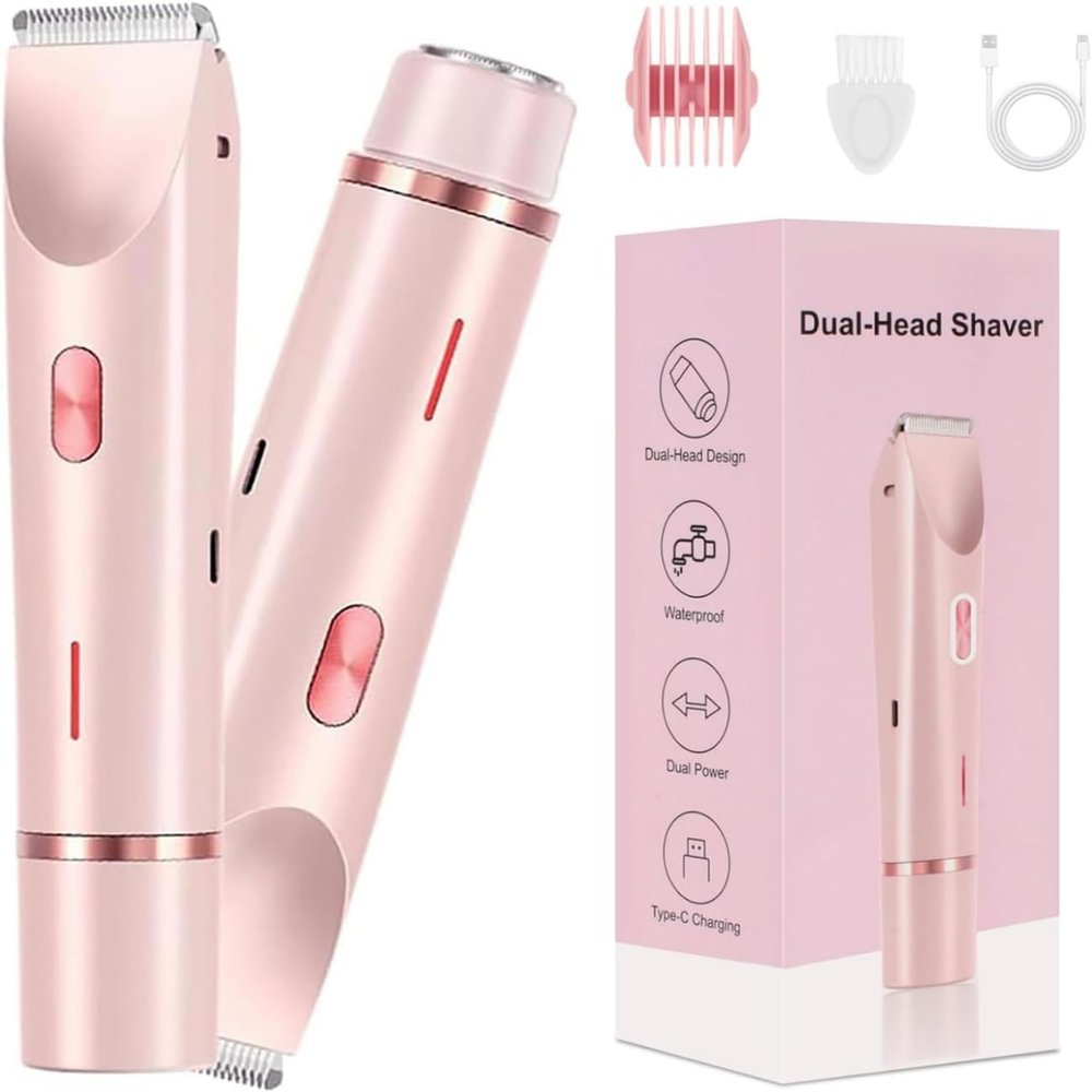 Electric Shaver for Women Portable Rechargeable Double-Head Bikini Trimmer IPX7 Waterproof Wet Dry Use Low Noise and Painless for Legs, Underarms, Bikini Line & Face (Pink)