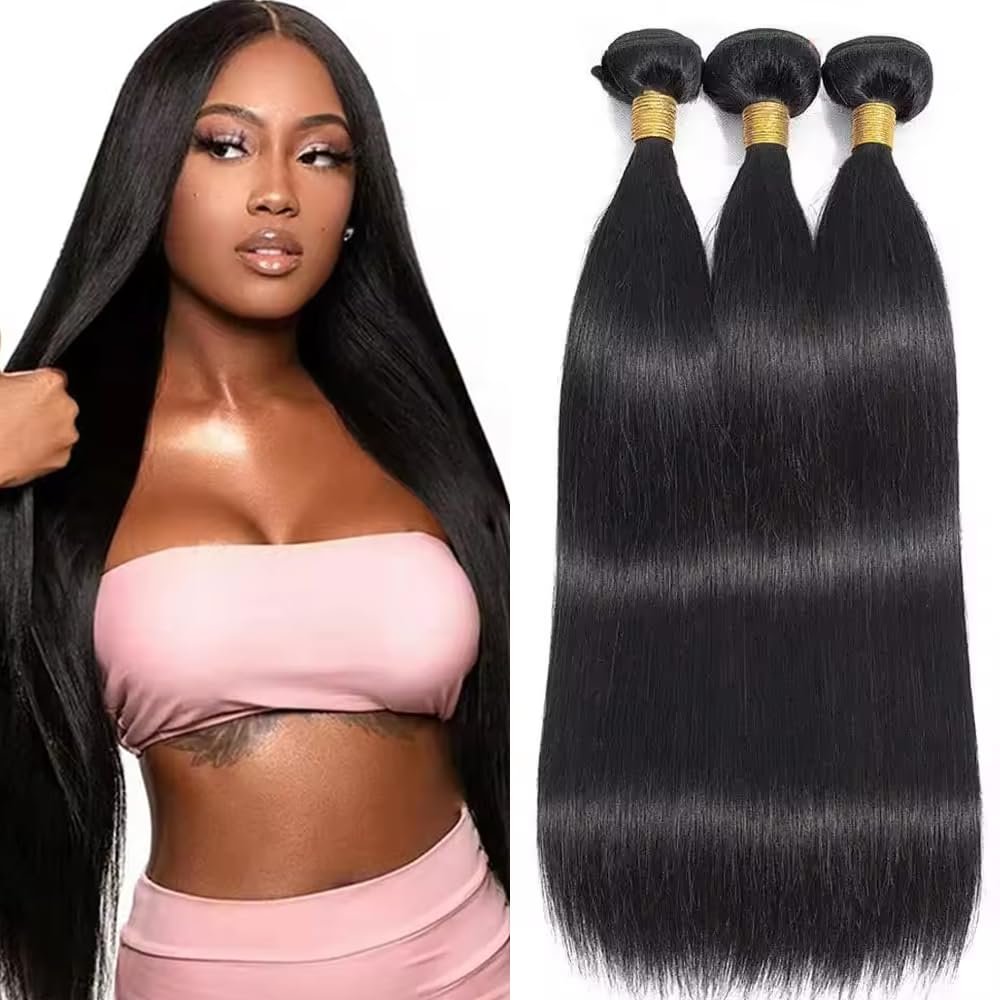 #1B Human Hair Bundles Straight Bundles Human Hair 14 16 18 Inch NerriHou Brazilian Virgin Hair 3 Bundle Natural Color Straight Bundles Human Hair Extensions 50 Gram Per Bundle