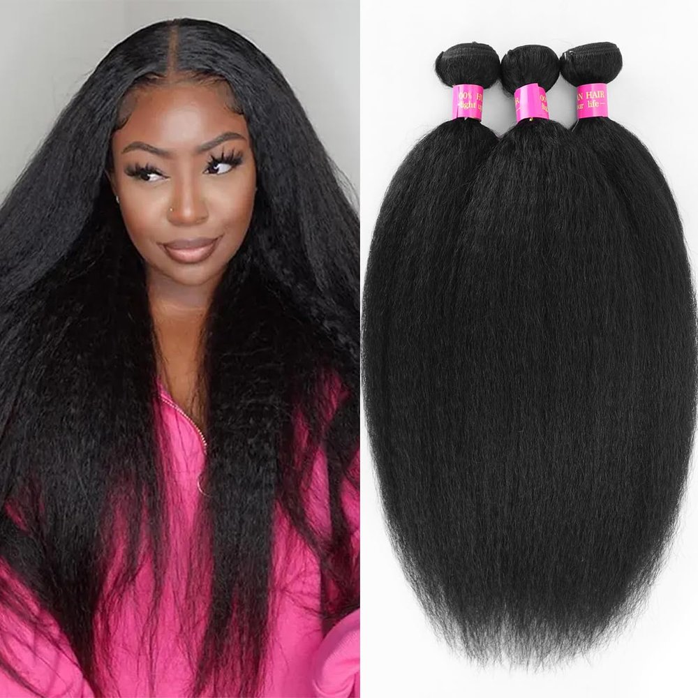 20 22 24 Inch Kinky Straight Bundles Yaki Straight Human Hair 3 Bundles Natural Black Color 100% Unprocessed Brazilian Virgin Hair Bundles Full and Thick, Silky Soft, No Shedding, No Smell