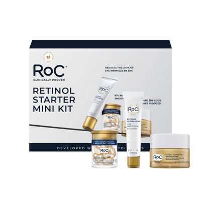RoC Clinical Mini Retinol Anti-Aging Skincare Routine Kit with Line Smoothing Eye Cream, Serum Capsules, and Max Hydration Face Cream for Wrinkles and Dark Circles