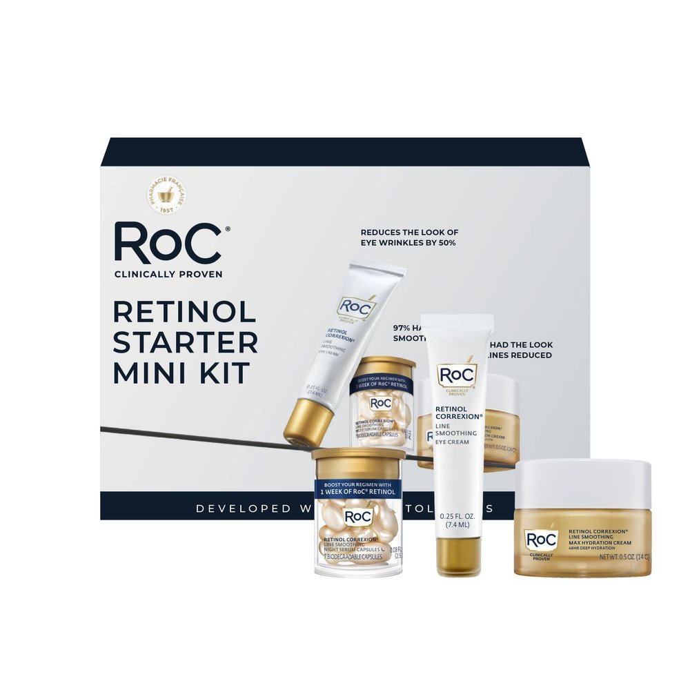 RoC Clinical Mini Retinol Anti-Aging Skincare Routine Kit with Line Smoothing Eye Cream, Serum Capsules, and Max Hydration Face Cream for Wrinkles and Dark Circles
