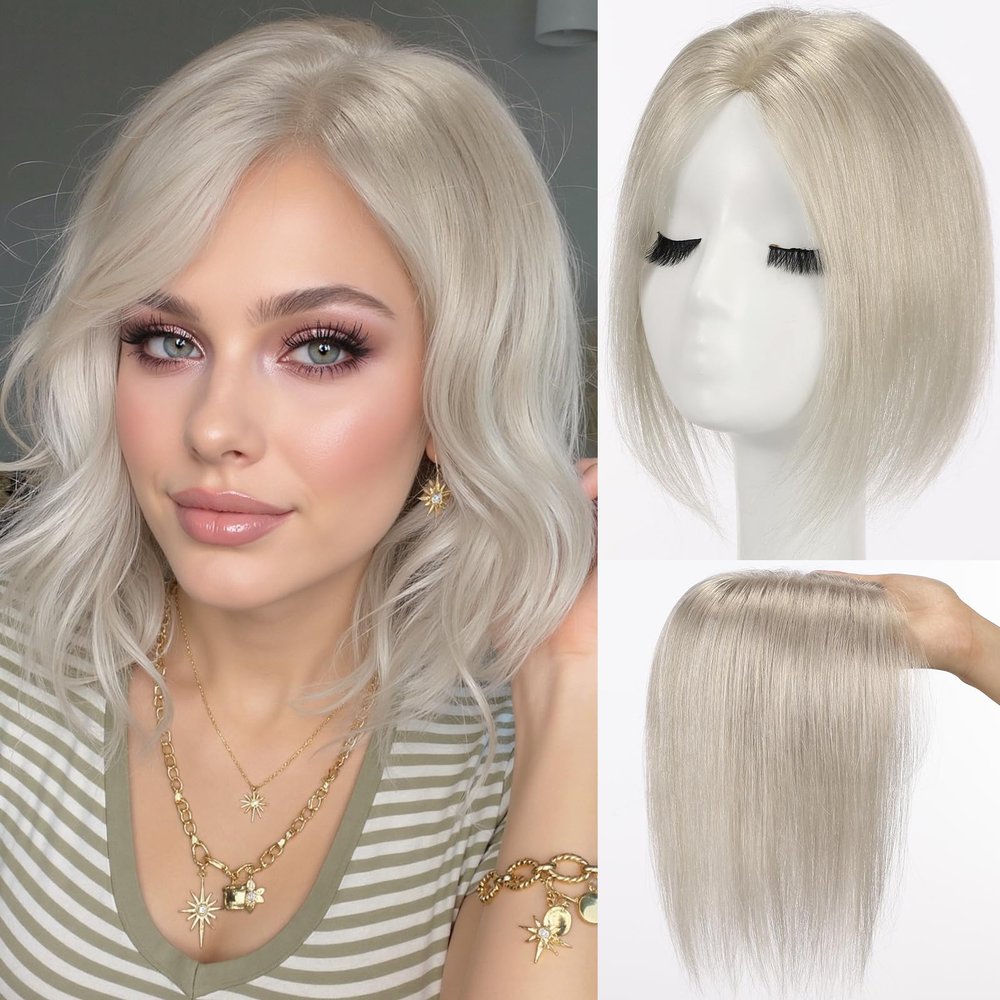 Luwila 100% Real Human Hair Topper for Women 10 Inch, 3x4.5 Inch Swiss Base, Silvery Human Hair Topper for ThinningHair & Covering Grey Roots