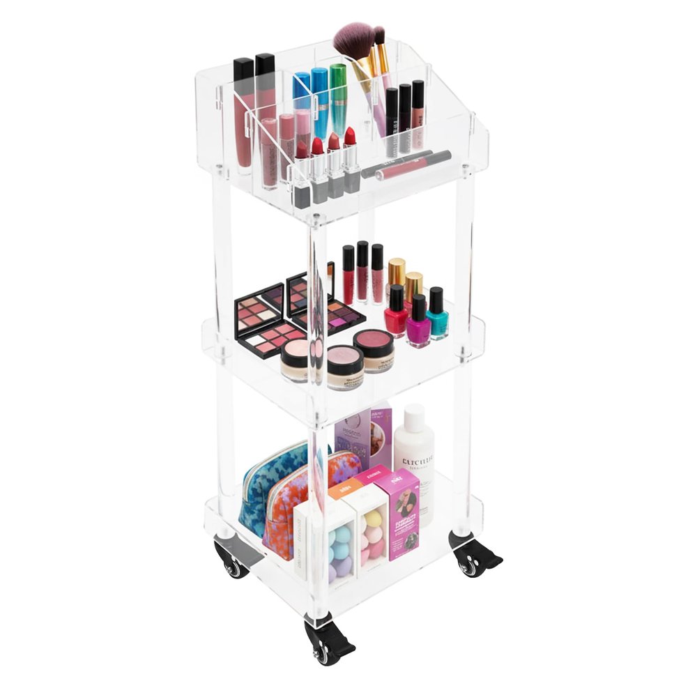 3-Tier Rolling Cosmetic Organizer Cart, Acrylic Cosmetic Storage Rack with Wheels and Elevated Guardrails, 11.8 x 9.8 x 31.7in Makeup Cart Organizer for Dressing Rooms, Living Rooms, Bedrooms