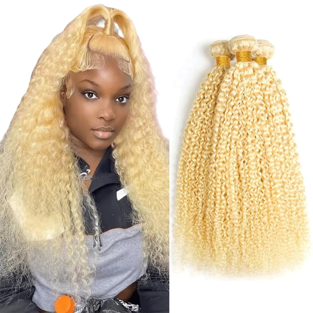 613 Kinky Curly Bundles Human Hair Blonde Bundle Double Weft Brazilian Hair Extensions Soft And Silky 20 22 24 Inch 3 Bundles 150g