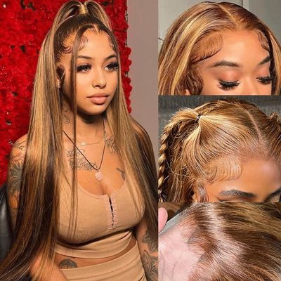 LETMIEO 30 inch Ombre Lace Front Wig Human Hair Straight 13x6 Highlight Wig
