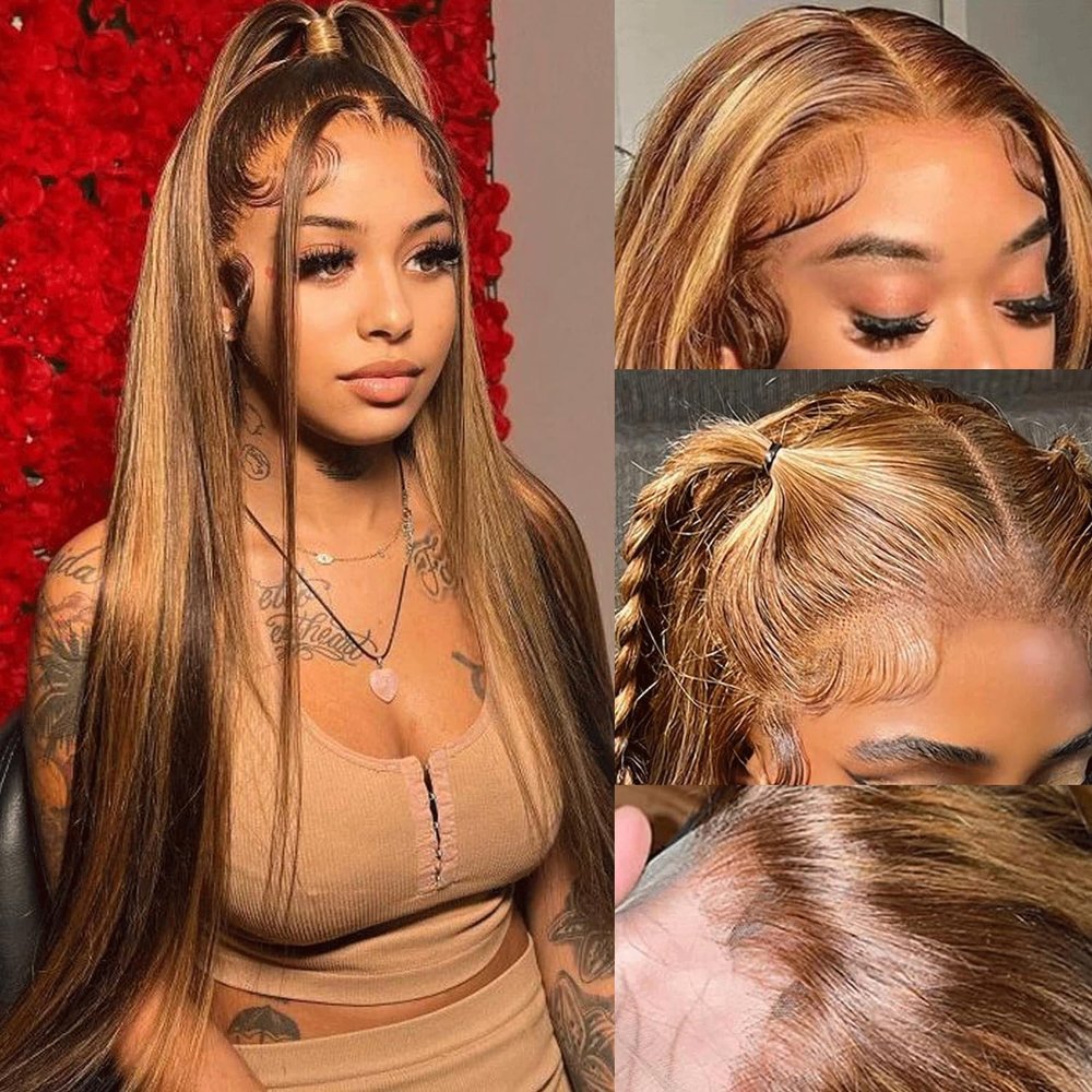 LETMIEO 30 inch Ombre Lace Front Wig Human Hair Straight 13x6 Highlight Wig