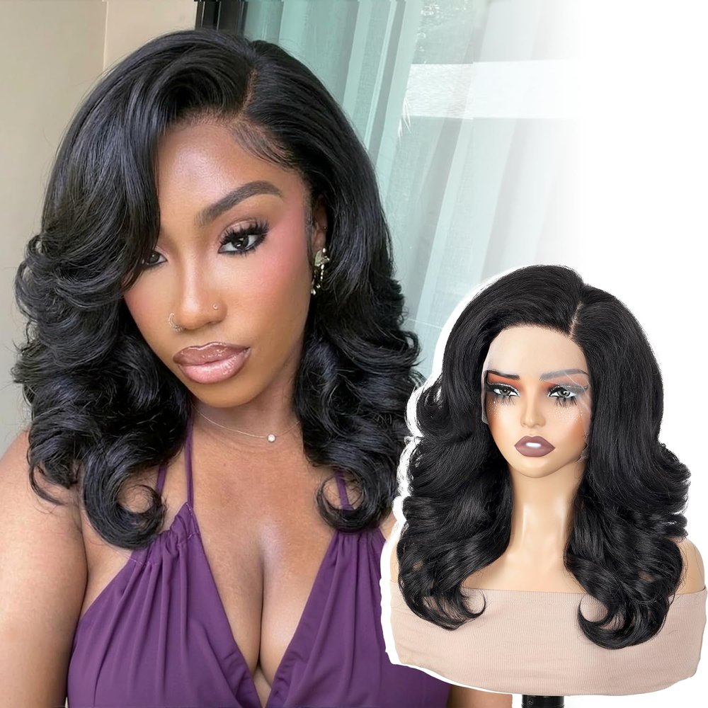 quickwig Body Wave Bob Wig Lace Front Wigs Side Part Pre Plucked Body Wave Synthetic wigs for Black Women Short Glueless Loose Wave Wig Shoulder Length (Natural Black)