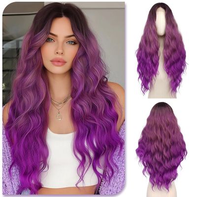 SOFEIYAN Long Wavy Ombre Dark Purple Wigs for Women - 28 Inch Middle Part Wig Natural Looking Heat Resistant Synthetic Lace Hairline Wigs for Women Cosplay Daily Party Use