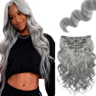 Grey Clip in Hair Extensions,26 Inch Soft Real Human Hair 120g 7pcs,Brazilian Remy Sliver Body Wave Clip ins,Light Gray Clip ins Silky Hair Extensions