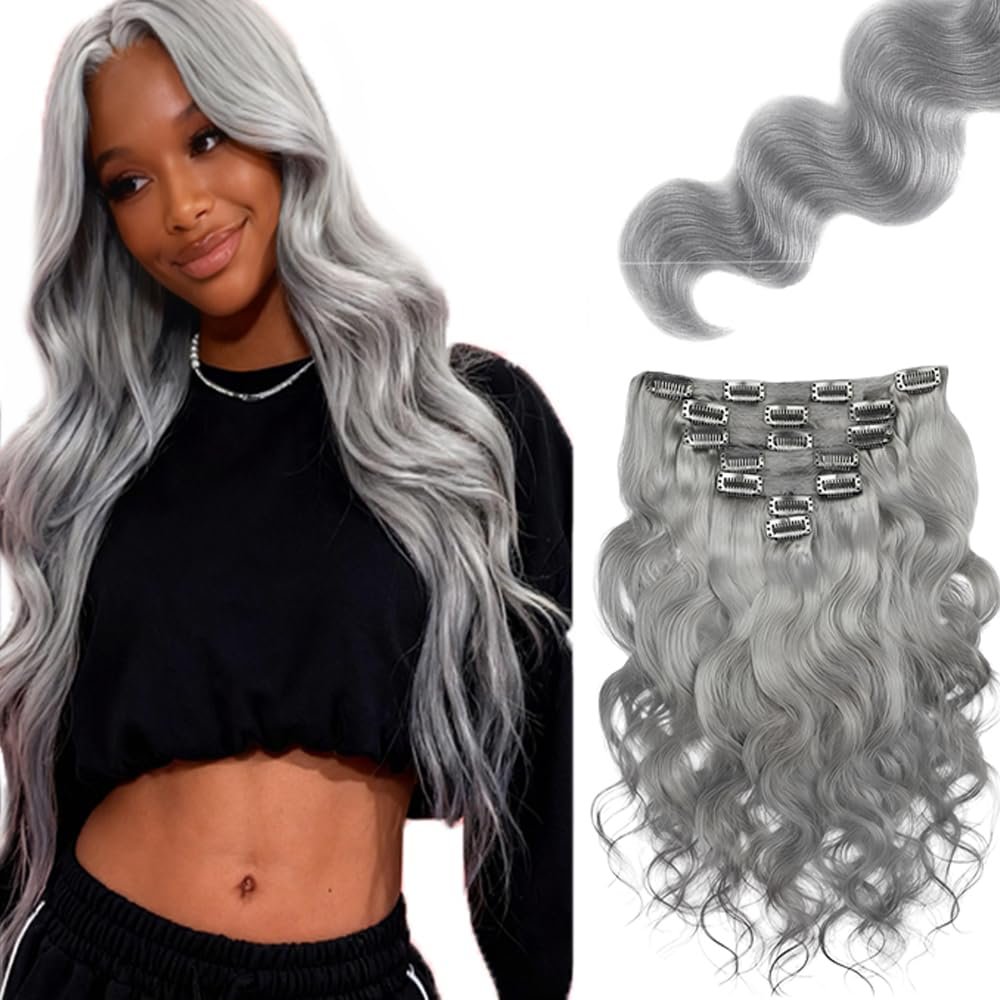 Grey Clip in Hair Extensions,26 Inch Soft Real Human Hair 120g 7pcs,Brazilian Remy Sliver Body Wave Clip ins,Light Gray Clip ins Silky Hair Extensions