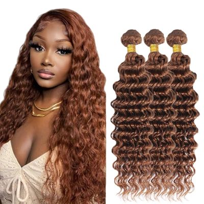 #30 Brown Bundles Human Hair Deep Wave Bundles 16 18 20 Inch Light Brown Deep Wave Bundle Human Hair Extensions Double Weft Unprocessed Brazilian Virgin Hair 3 Bundle 50 Grams Per Bundle