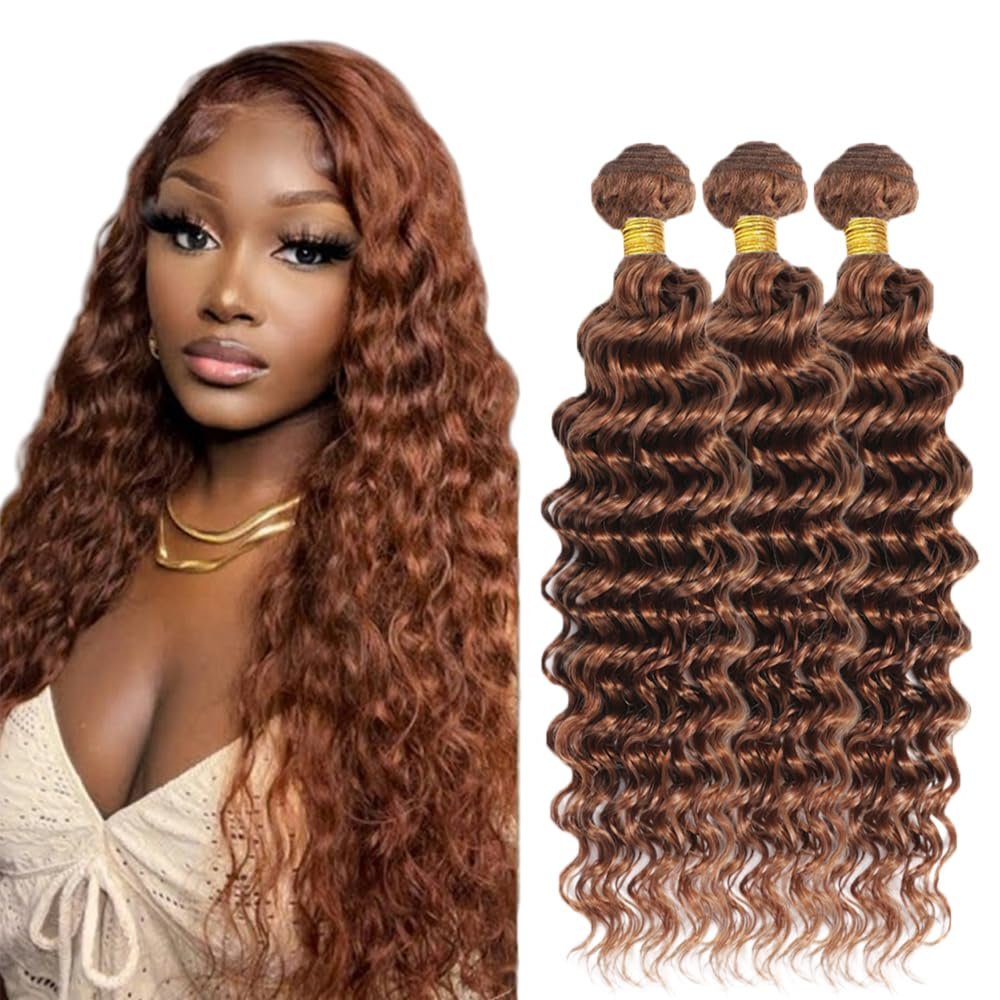 #30 Brown Bundles Human Hair Deep Wave Bundles 16 18 20 Inch Light Brown Deep Wave Bundle Human Hair Extensions Double Weft Unprocessed Brazilian Virgin Hair 3 Bundle 50 Grams Per Bundle