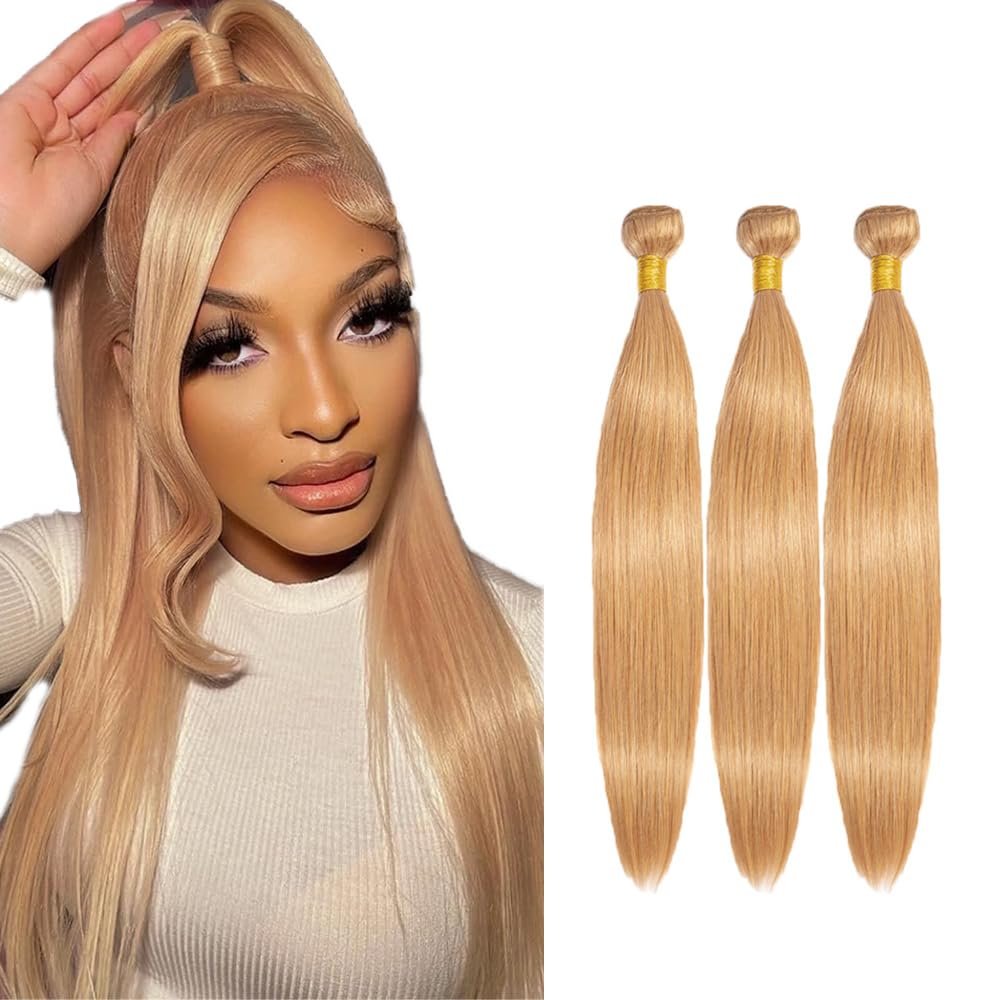 Color 27 Human Hair Bundles Honey Blonde Straight Bundles 28 30 32 Inch Unproceesed Virgin Blonde Straight Bundle Human Hair Extensions 50 Gram Per Bundle 3 Bundle
