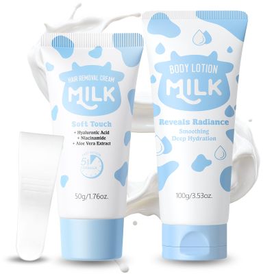 Milk Hair Removal Cream & Body Lotion Set for Women and Men, Sensitive Skin Hair Removal Cream for Underarm, Arm, Back, Chest, and Legs, with Soothing Moisturizing Lotion, Suitable for All Skin Types