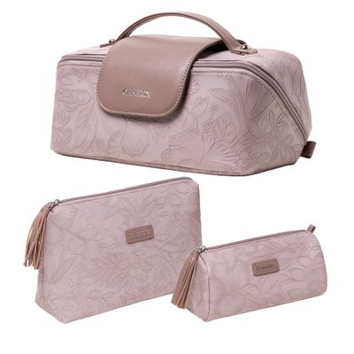Cabbrix Travel Makeup Bag, Extra Large Capacity 3 Pcs Set Cosmetic Bag for Women, Waterproof PU Leather, Flat Open Portable Toiletry Bag for Skincare, Brushes & Travel Essentials (Purple)