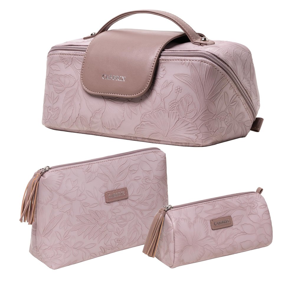 Cabbrix Travel Makeup Bag, Extra Large Capacity 3 Pcs Set Cosmetic Bag for Women, Waterproof PU Leather, Flat Open Portable Toiletry Bag for Skincare, Brushes & Travel Essentials (Purple)