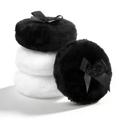 4 PCS Large Fluffy Makeup Sponge, Soft Washable Reusable Body Powder Sponge with Ribbon Bow Handle, Ultra Soft Dusting Sponges for Face and Body Makeup Application in White Black