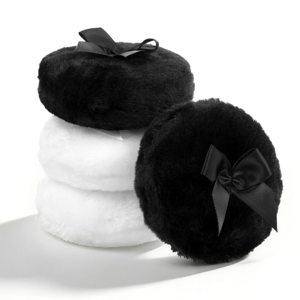 4 PCS Large Fluffy Makeup Sponge, Soft Washable Reusable Body Powder Sponge with Ribbon Bow Handle, Ultra Soft Dusting Sponges for Face and Body Makeup Application in White Black