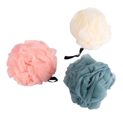 BIUDECO 3pcs Mesh Bath Ball Shower Loofah Set, Exfoliating Body Scrubber Pouf for Women, Soft Colorful Bath Sponge for Home and Travel Use (Blue, Beige, Pink)