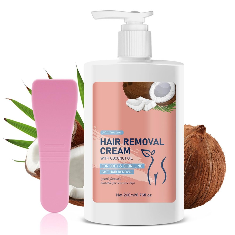 200ml Full Body Hair Removal Cream With Coconut Oil, Body Depilatory Cream for Women, Gentle Formula for Legs Arms Bikini Line & Underarm, Moisturizing with Aloe Vera & Tocopherol, Includes Scraper